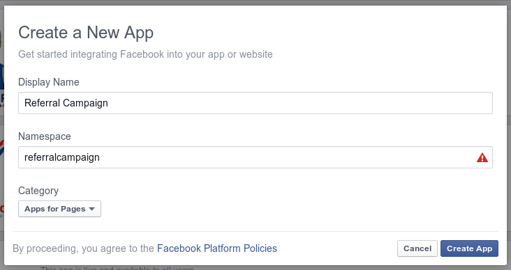 Create new facebook app