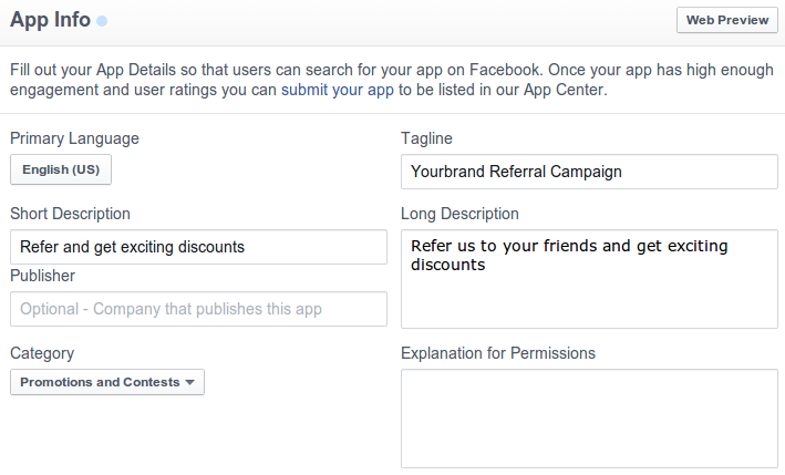 Create new facebook app