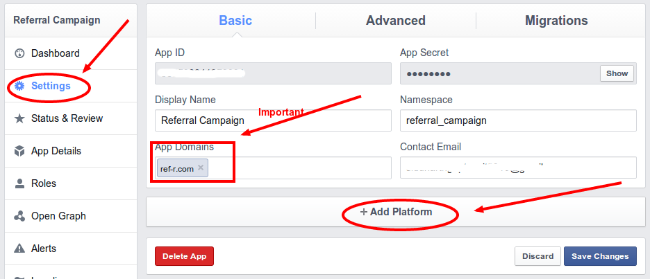 Create new facebook app