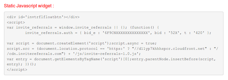 InviteReferrals Integration code